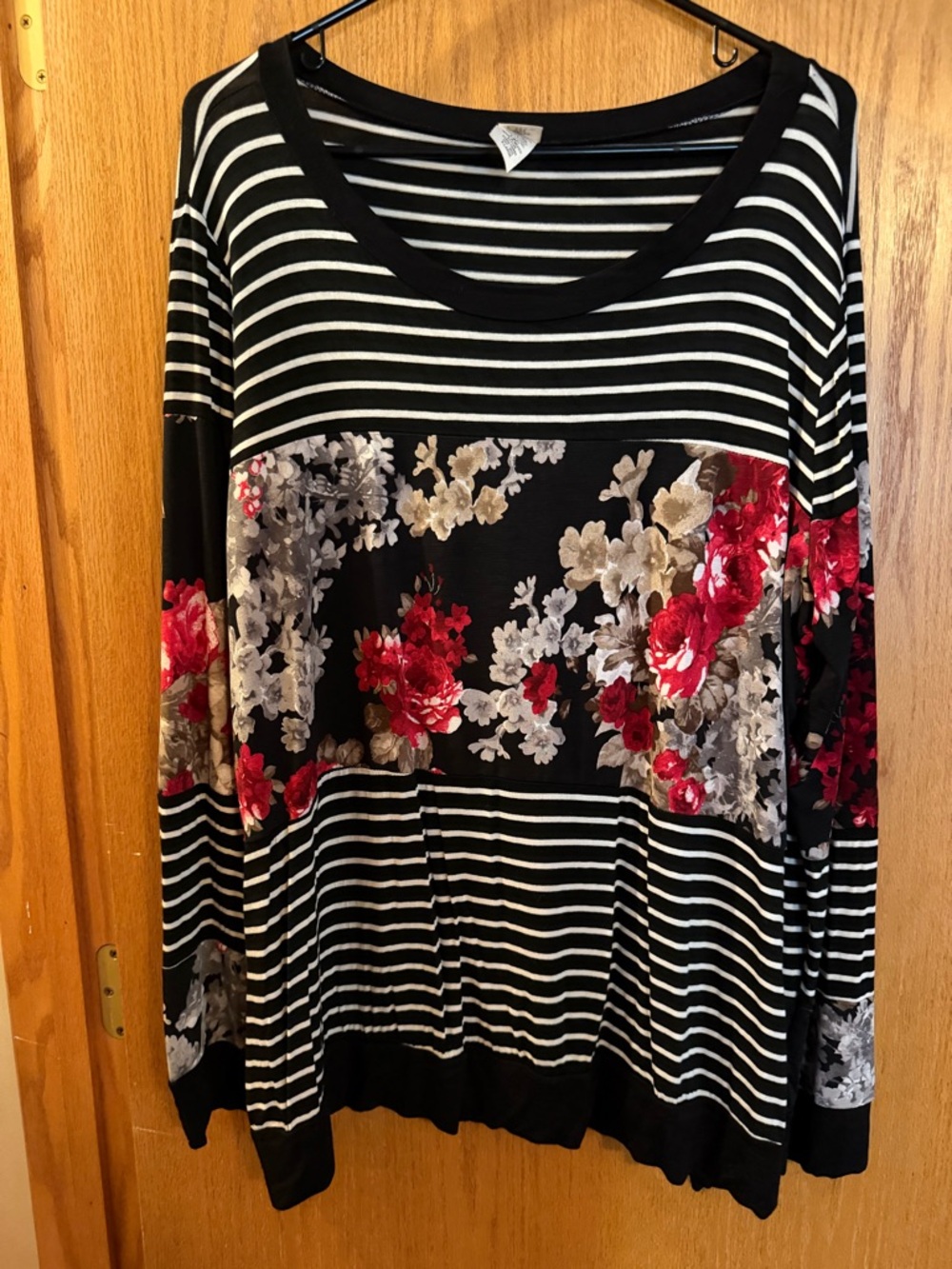Sew In Love Black & White Striped Top with Red Floral Panel
